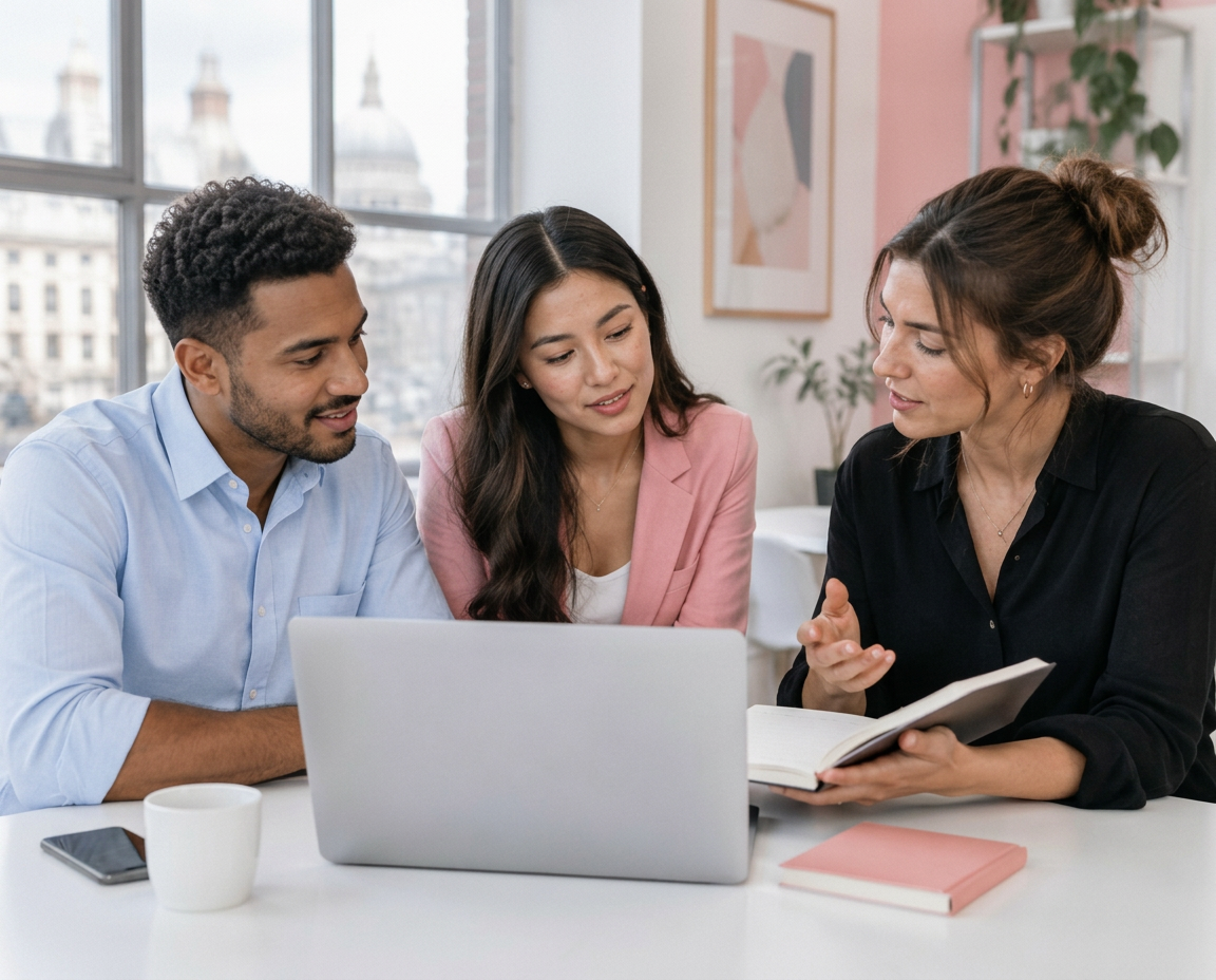 Illustrative consulting team collaborating on a business strategy